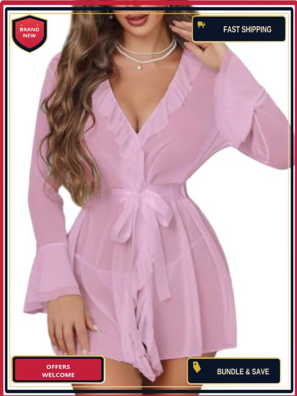 Mesh Lingerie Robe Set Long Sleeve Kimono Nighty with Thong Sleepwear